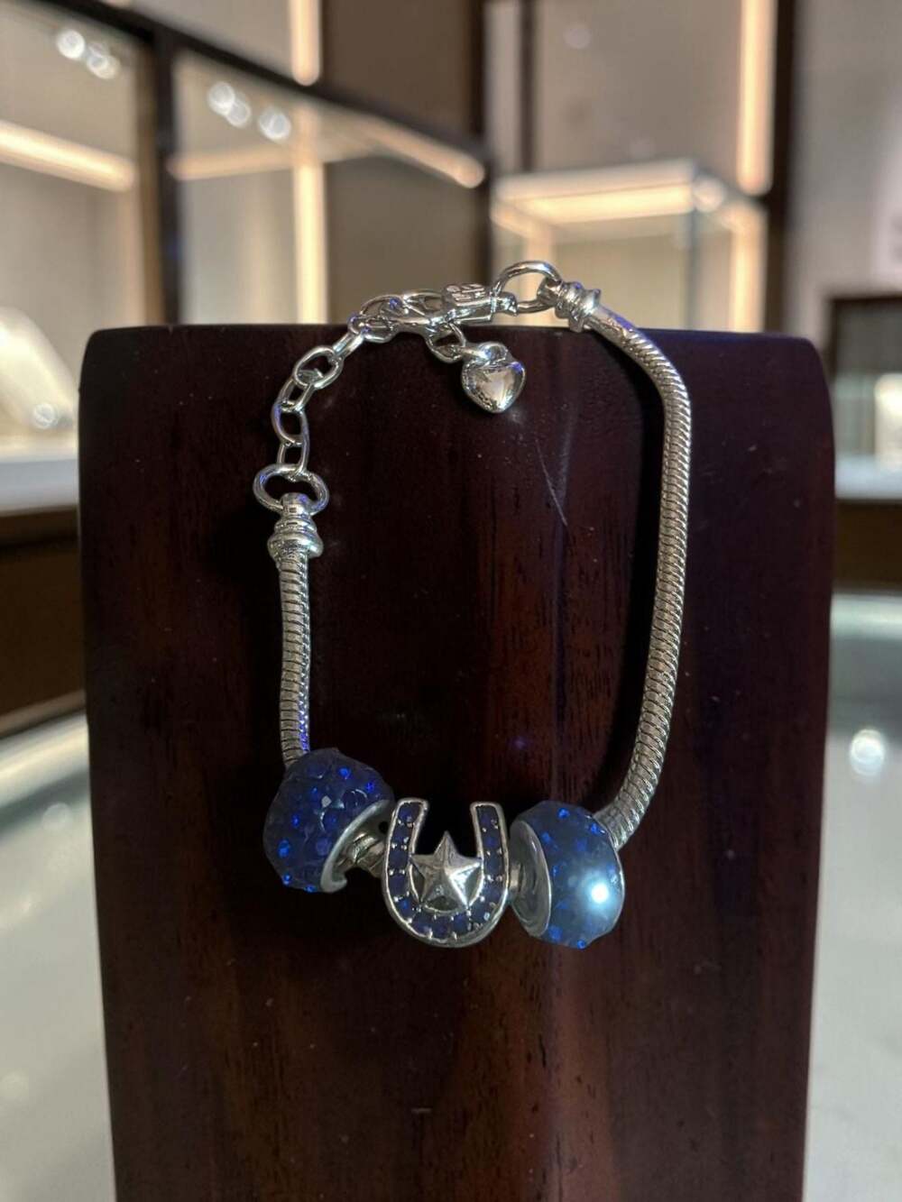 Snake Chain Charm Bracelet with Blue Crystal and Horseshoe Star Charms